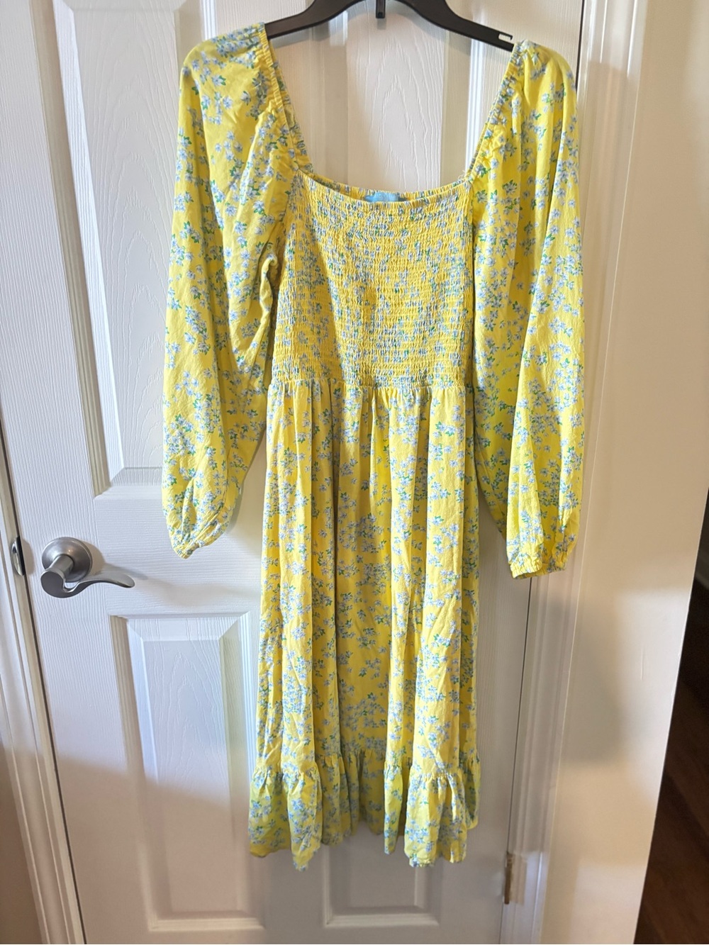 Draper James Yellow Floral Smocked Midi Dress with Blue Print ruffle at hemline